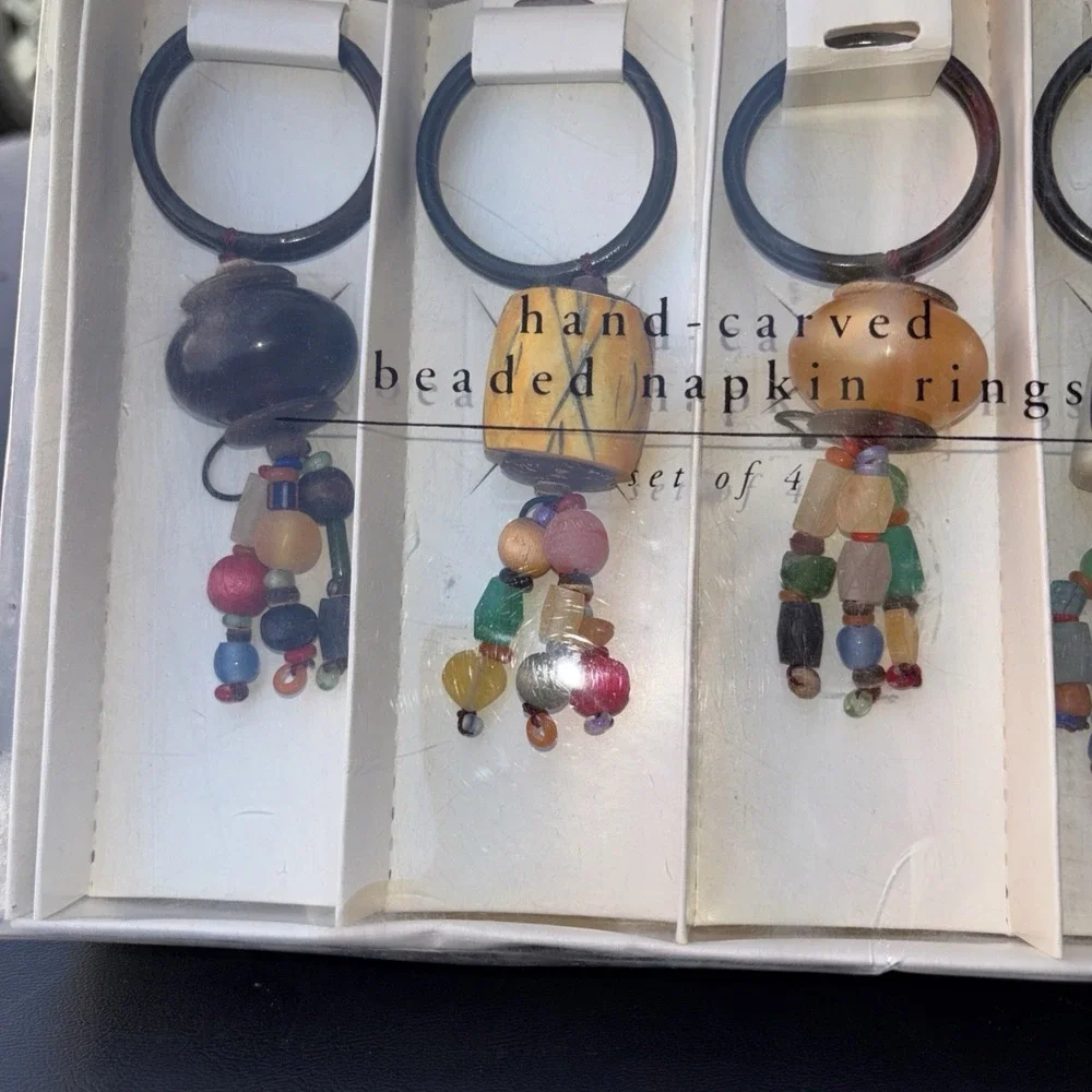 Pier 1 Imports Set Of 4 Beaded Boho Napkin Holder‎ Rings Hand Carved